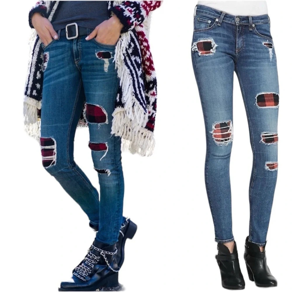 Rag & Bone Skinny Jeans Sloane Plaid Repair Denim Casual Women’s 26